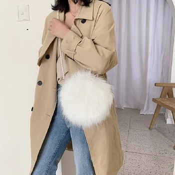 

White shoulder bag fashion faux fur handbag soft and comfortable suede handbag round autumn and winter hot mini pearl chain bag