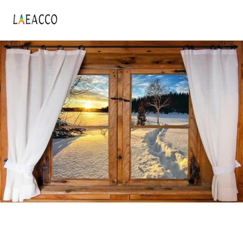

Laeacco Winter Landscape Snow Trees Window Curtain Photography Backdrops Photographic Backgrounds Photophone For Photo Studio