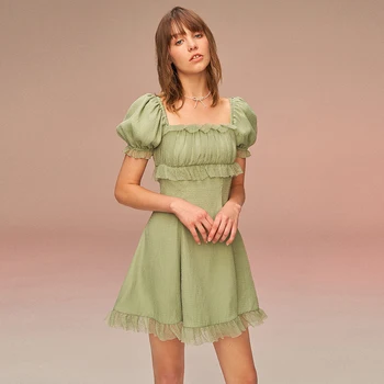 

Cute WOmen Mint Green Mini Dress 2020 Puff Sleeve Square Collar Ruffles Slim A line Dress Summer Dress vestido de mujer