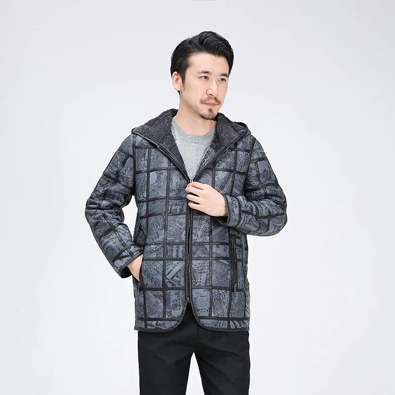 Новая мужская зимняя шуба из натуральной шерсти с одной короткой курткой с капюшоном из шерсти - Цвет: Серый