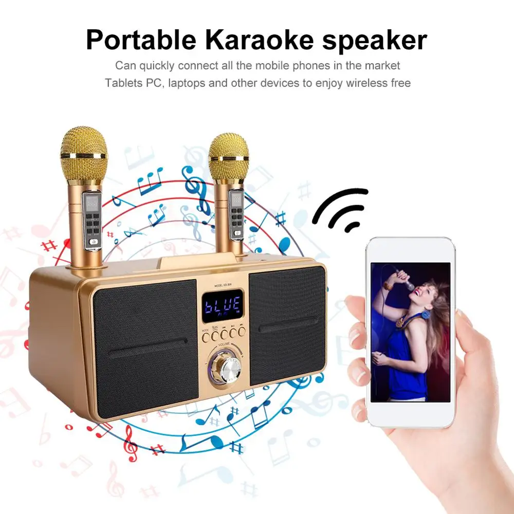 

SD-309 Dual Wireless Microphone Bluetooth Speaker Mobile Wireless Karaoke Speaker Wireless Stereo Black 30W SDRD Speaker Set