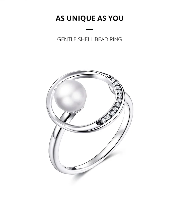 BISAER 925 Sterling Silver Circle Open Ring White Pearl Adjustable CZ Rings Finger For Women Party Original Fine Jewelry Gift