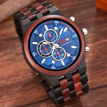 

Luxury Men Wood Watch 6 Pin Quartz Chronograph Date Multi-function Dial Clock Full Wooden Wrist Watches Male Big reloj de mader