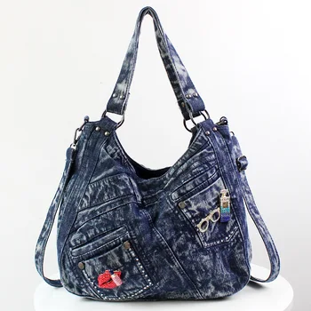 

Washed Denim Female Bag Personalized Shoulder Messenger Pack Leisure Fashion Canvas Rivet Large Capacity Bagpack Durable Satchel
