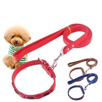 

PU Leather Dog Collar Leash Set Adjustable Pet Traction Rope Cat Dogs Walking Lead Strape Puppy Metal P Chain Buckle Leashes