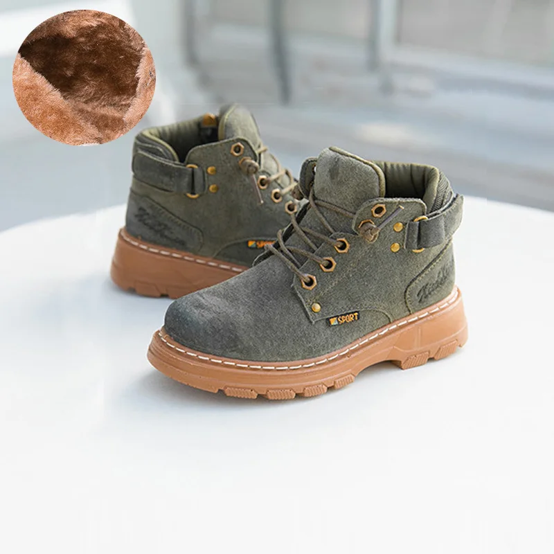 Green winter Детские ботинки для мальчиков и девочек из натуральной кожи; сезон осень-зима; Детские кроссовки; ботинки для девочек; зимняя обувь; Плюшевые Теплые Ботинки martin; CSH923 - Цвет: Green winter