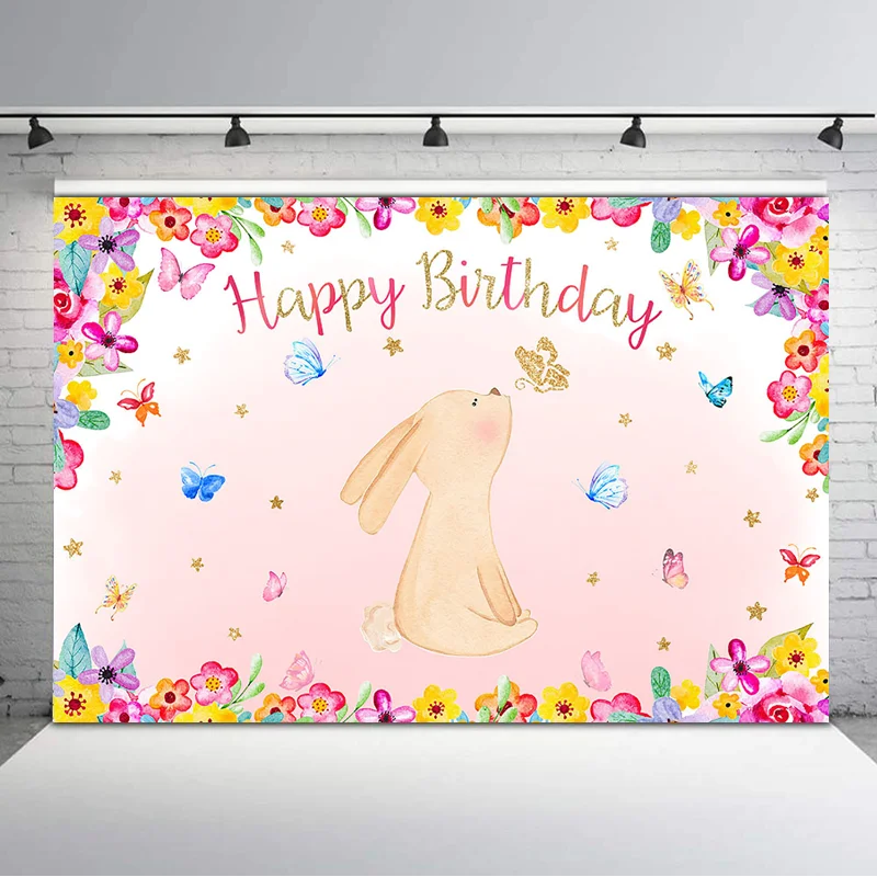 Happy Birthday Backdrop Watercolor Flowers Golden Stars Butterfly Photography Background Cute Rabbit 1st Backdrops | Электроника