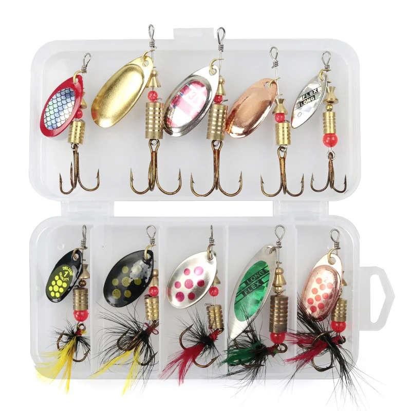 

10pcs Mixed Colors Fishing Lure Set Rotating Sequins Hand Spinner Baits Kit Wobbler Crankbaits with Box Fishing Tackle Hard Bait