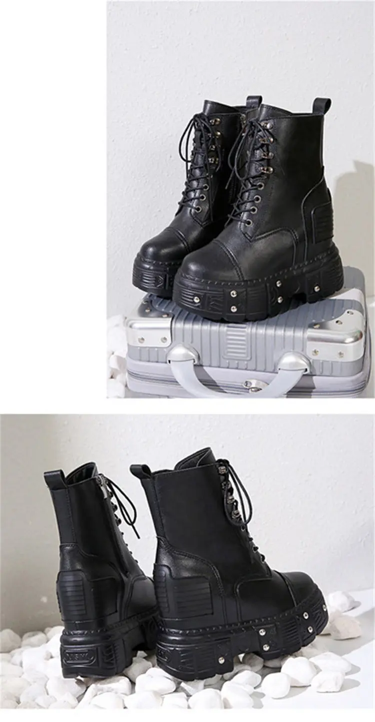 Женские ботинки на шнуровке; Цвет Черный; кожаные зимние ботильоны на молнии с плюшевой подкладкой; модная женская обувь на толстой подошве в стиле панк, в готическом стиле; женская обувь на платформе
