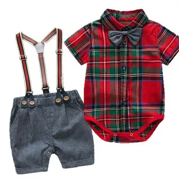 

Summer Baby Boy Gentleman Suit Strap Short Sleeve Plaid Siamese Bow Tie Four Piece Set Children 's Clothing