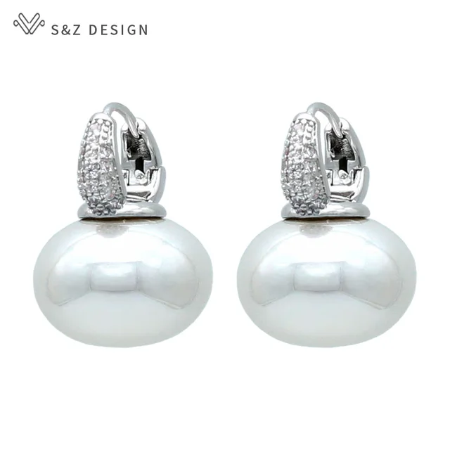 86578-9ed782.jpg S & Z DESIGN nouvelle mode pain rond grande perle boucles d'oreilles pour les femmes bijoux de mariage cadeau tempérament cubique zircone Eardrop