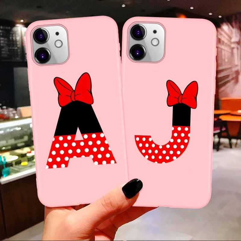 

Letter A B C D E F Candy Pink Silicone Phone Case for iphones 11 Pro Max SE 2020 7 8 Plus XS Max XR Bow-knot Couple Cover Coque