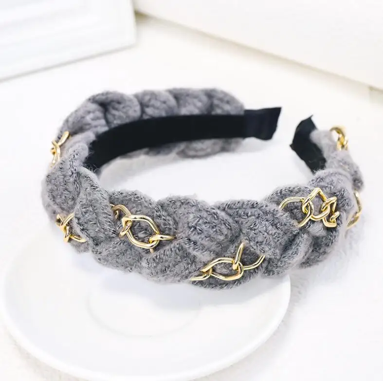 New Fashion Women Hair Accessories Turban Multi-layer Cross Knot Knitted Headwear Soft Alloy Chain Inlay Headband Adult - Цвет: Серый