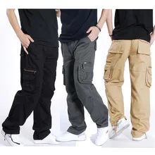 Мужские брюки-карго с карманами на молнии, Свободные мешковатые хлопковые брюки большого размера, повседневные военные штаны в стиле хип-хоп, джоггеры черного цвета большого размера