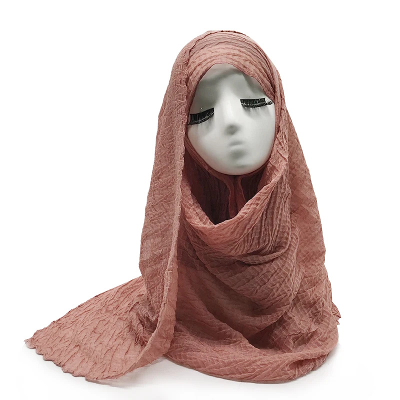 10 шт./партия, Женский хлопковый плиссированный шарф простой хиджаб, однотонные плиссированные с рюшами, морщинами, Длинные большие шарфы Hijabs