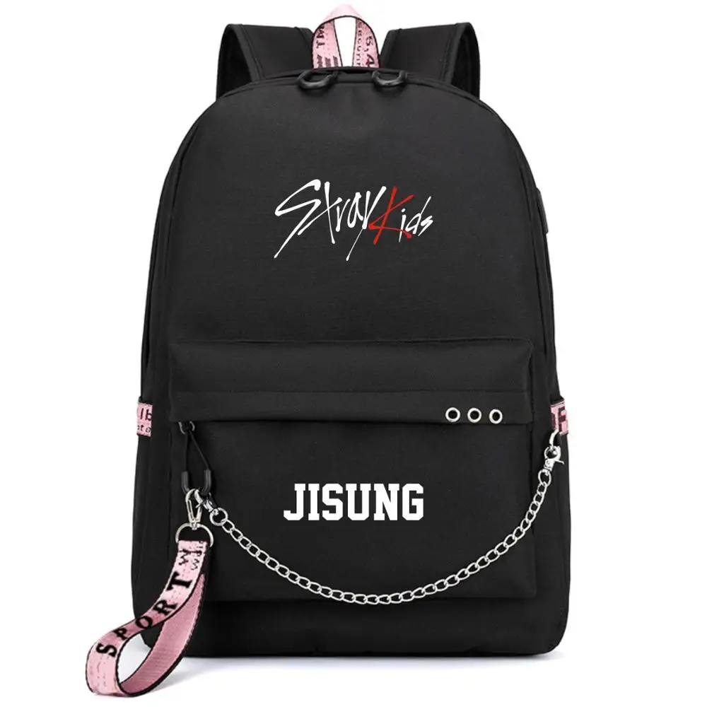 Kopo Stray Kids Felix USB Backpack School Book Black Pink Bag Mochila Travel Bags Laptop Chain Backpack W Headphone USB Port