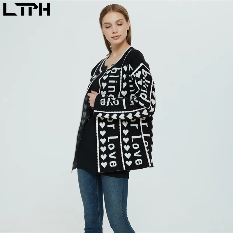 LTPH горячая Распродажа осень Новая женская куртка ленивый винтажный средней длины длинный рукав круглый вырез тяжелый жаккардовый кардиган с буквами пальто