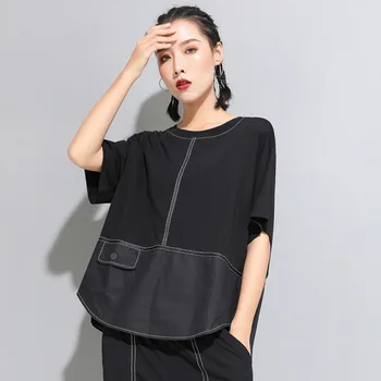 

O Neck Pullovers Female Tops Women's T-shirt Wind Cold Straight Button Panel Short-sleeved Tees Women
