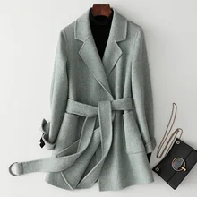 Осенне-зимнее шерстяное пальто для женщин с длинным карманом и двойным воротником с отложным воротником в елочку Manteau Femme, однотонное офисное Женское пальто
