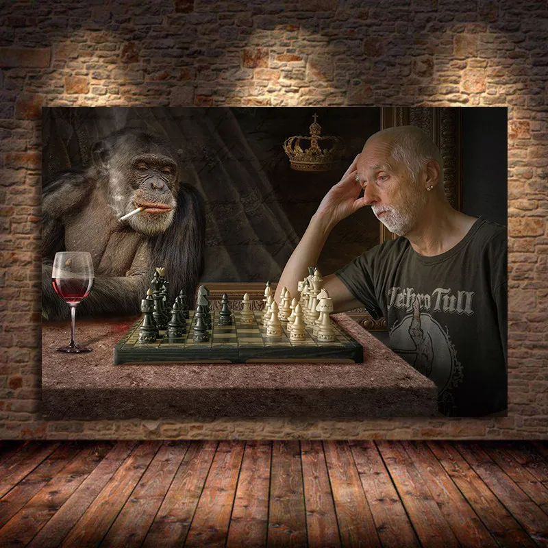 

Monkey Playing Chess Creative Art Paintings Print Oil Canvas Art Posters and Prints Black And White Cuadros Animals Art Pictures