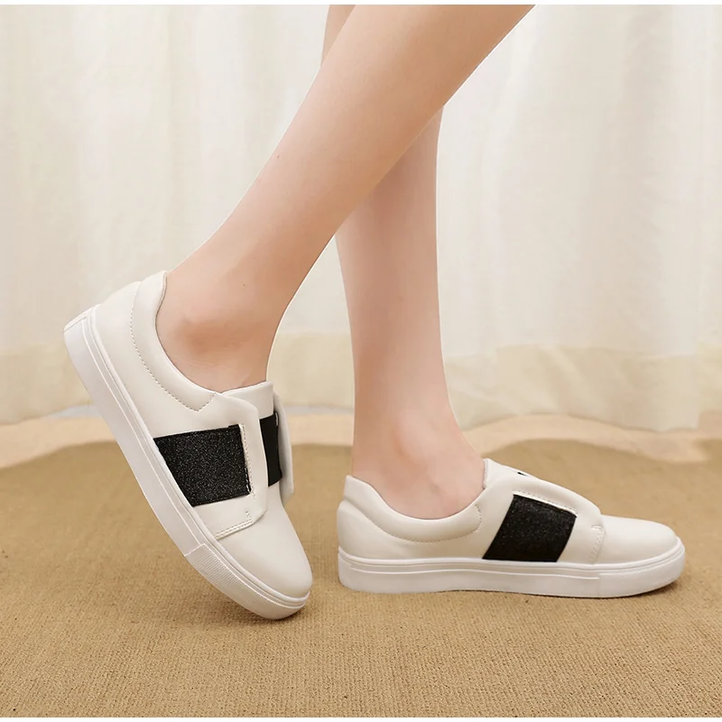 MCCKLE Bling Slip On Shoes Woman Flats Autumn Vulcanized Ladies Platform Comfortable Casual White Shoes Female Fashion Plus Size