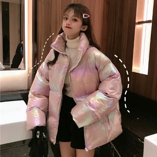 Зимние теплые женские куртки зимние пальто лазерные блестящие пальто - Цвет: Розовый