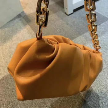 

Genuine Leather Thick Metal Chains Cloud Bag Underarm Bags 2020 Designer Female Soft Dumpling Bag Cowhide Leather Clutch Handbag