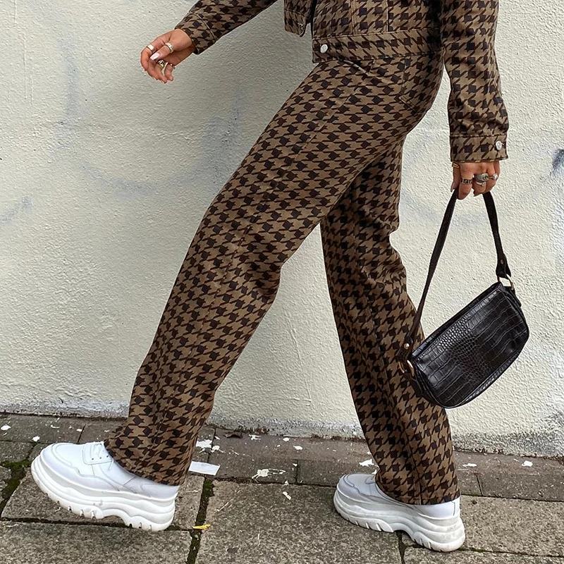 Brown Houndstooth Print Vintage Hot 
