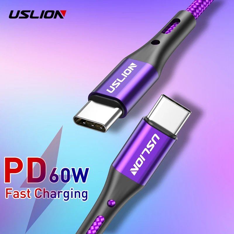 USLION 60 Вт USB Type C к кабель для Samsung Galaxy S9 Plus поддержка PD QC3.0 3A быстрой зарядки