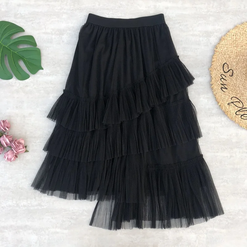 Black Женские модные юбки, юбка-пачка из тюля, Женская длинная юбка макси, асимметричные сетчатые юбки для женщин с высокой талией, Elasitic Jupe Femme - Цвет: Black