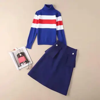 

European and American women's clothing 2020 autumn new style Long sleeve striped printed knit sweater Skirt fashion suit