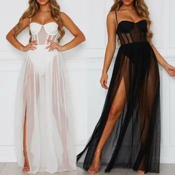 

Sexy Women Boho Retro See-through Spaghetti Strap Long Cover-Up Dress Elastic High Waist Party Summer Beach Cover Sundress