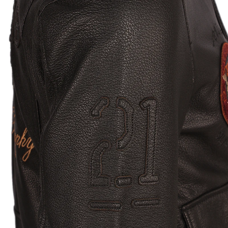 Мужская кожаная куртка с вышивкой мягкая летная из 100% телячьей кожи коричневого