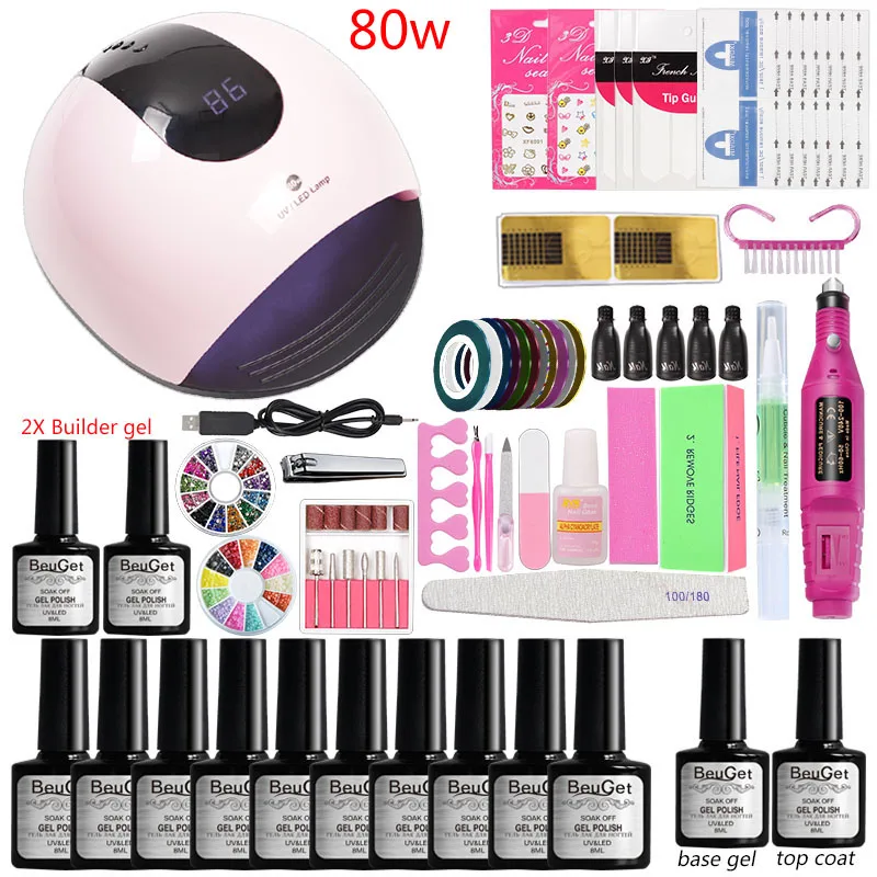 80w lamp set Удлиняющий гвоздь, быстрое удлинение, поливинилхлорид, 10 цветов, светодиодная УФ лампа, дрель, машинка для маникюра, Профессиональный акриловый набор для ногтей, набор для гель-лака - Цвет: 80w lamp set