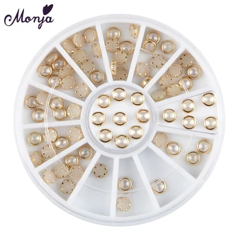

Monja 12 Grids/box 4mm Nail Art AB Gold Edge White Glitter Beads Studs 3D DIY Charm Pearls Round Manicure Decoration Wheel