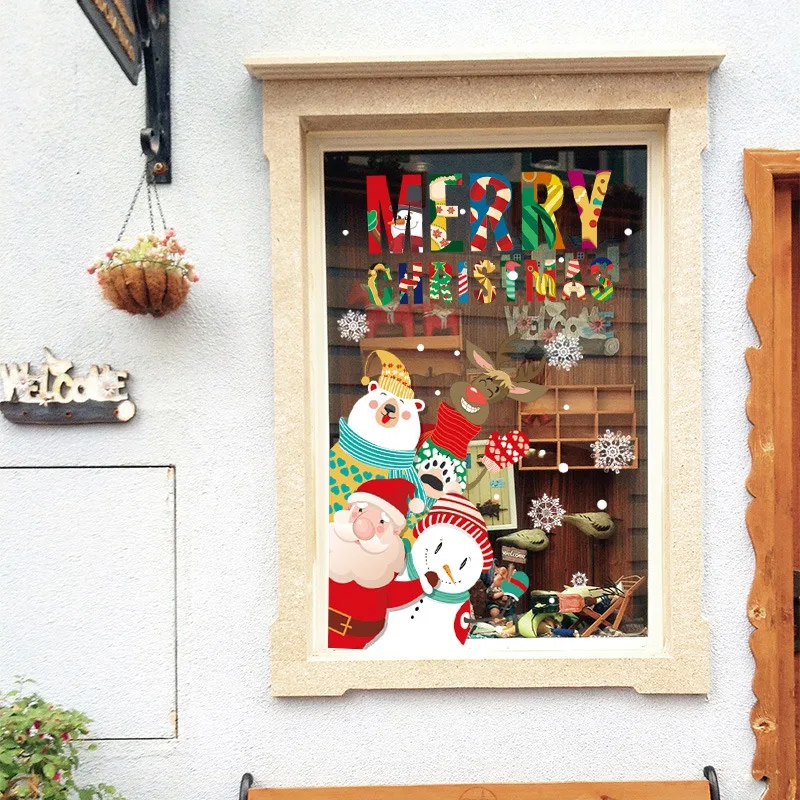 

Merry Christmas Window Stickers Shop Store Glass Wall Decor Tree Snowman Elk Removable Decals For Xmas And New Year