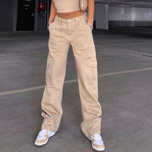 Khaki Wide Leg Cargo Jeans Woman Vintage 90s Pockets High Waist Baggy Denim Straight Pants  Casual Streetwear Capri Trousers Y2k