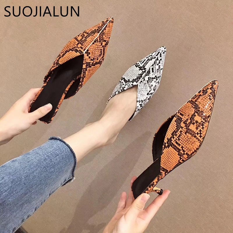 

SUOJIALUN Women Low Heel Mules Shoes Pointed Toe Slip On Slides Ladies Shallow Sandals Snake Fabric Outdoor Slipper Shoes
