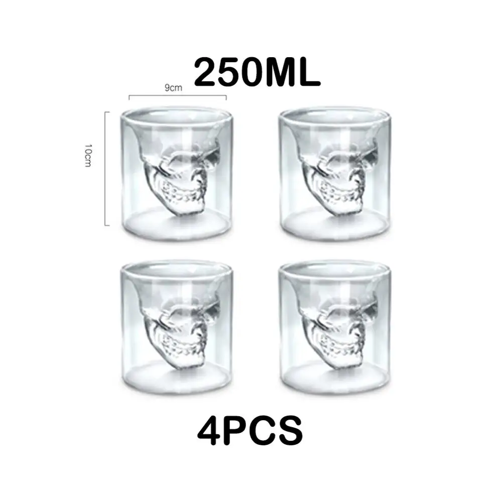 4PCS-250ml Кофейная кружка двухслойная прозрачная Хрустальная головка черепа стеклянная чашка для домашнего использования виски вино водка бар клуб пиво бокал для вина - Цвет: 4PCS-250ml