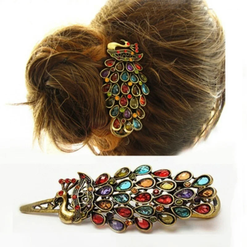 1 шт. роскошные женские винтажные цветные заколки для волос Стразы драгоценный камень античный бронзовый Павлин заколка для волос