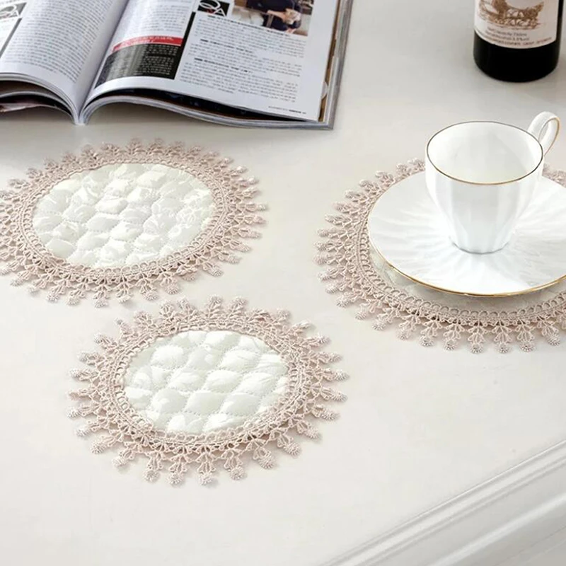 Beige Polyester Round Embroidery table place mat pad Cloth dish placemat cup mug dinner tea coaster glass doily kitchen - Цвет: 2015799