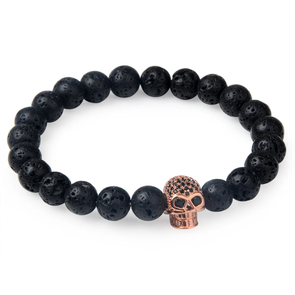 Skull Black Lava Beads Bracelet Cubic Zirconia 8MM Natural Stone Fashion And Cool Bracelets Classic Elastic Rope For Women Men