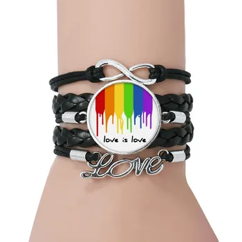 

Love is Love LGBT Rainbow Color Bracelet Love Black Twisted Leather Rope Wristband