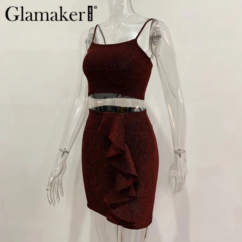 Glamaker, Трикотажный костюм из двух частей, облегающее платье, женское платье на бретельках, в стиле пэчворк, с оборками, мини-платье, женское, Осень-зима, сексуальное платье