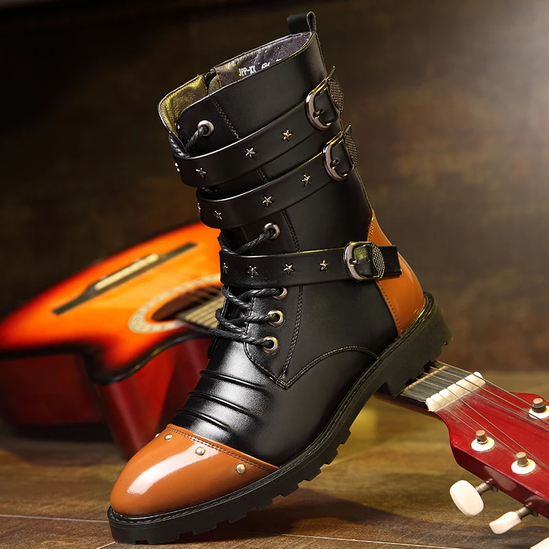 

Genuine leather men's leather boots warm men's casual shoes buckle belt leather shoes men's winter high-top motorcycle boots 37