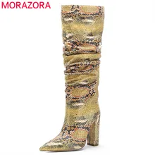 MORAZORA/ г. Большой размер 45, женские сапоги до колена осенне-зимние сапоги без застежки с острым носком из змеиной кожи женские Вечерние туфли на высоком каблуке