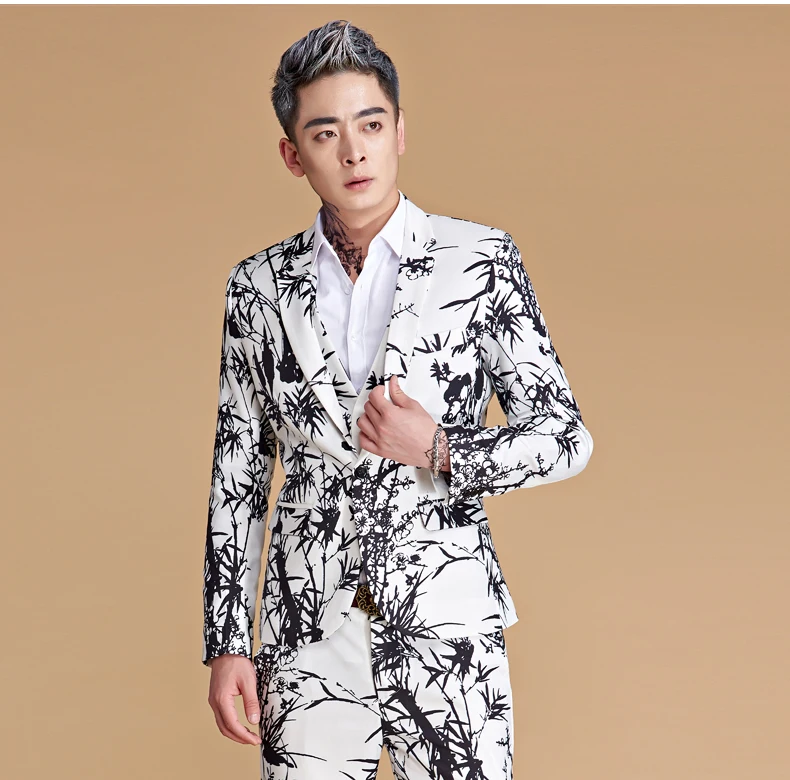 Panda bamboo напечатанный мужской костюм Slim fit 2 шт. бизнес-шоу костюм блейзеры брюки белая Свадебная вечеринка