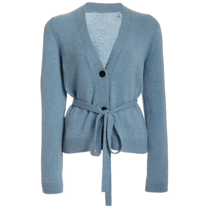 

Sparsil Women Winter 100% Cashmere Pullovers Knitted Cardigans Sweater Solid Color With Belt Soft Warm Simple Rib Cuff Jumpers