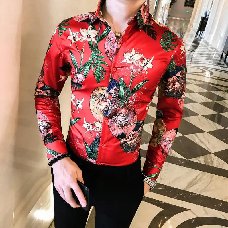 

Floral Shirt for Men Hawaiian Long Sleeve Slim fit Flower Men Shirt Blouse Male Red Fashion New arrival