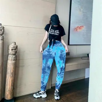 

2020 Fall Ladies Ram Linen Wide Leg Pants Elastic Waist Loose Ladies Printed Retro Tie Dye Trousers Harem Pants Large Size Pants